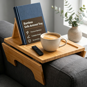 Foldable Bamboo <strong>Sofa</strong> Armrest Tray Couch Arm Tray <strong>Book</strong> <strong>Holder</strong> Anti Slip Couch Side Table Storage Organizer for Home Living Room - Product Image 1