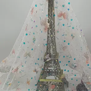 2023 Top qualidade tule rendas multi-cor lantejoulas borboleta bordado flash rendas tecido vestido de casamento