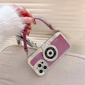 MAXUN Fashion Creative Electroplated 3D Stereo Vintage Camera With Strap Bracelet Portable Phone Case For IPhone Model Cover