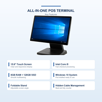 Terminal POS con pantalla táctil de 15,6 pulgadas, caja registradora todo en uno, Windows 10, Intel Core i5, 8 GB de RAM, 128 GB SSD, soporte plegable