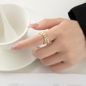 Cross Shaped Faux Pearl Openwork Ring Micro Pave Adjustable Index Finger Band Party Jewelry - Product Image 2