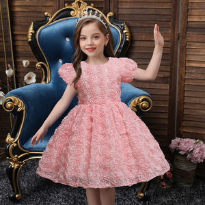 Girls Princess Dress Pink 3D Rose Embroidered Tulle A-Line O-Neck Flower Girl Dress Performance Costume Birthday Outfit - Product Image 1
