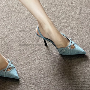 Factory Wholesale New Sandals Blue Denim <b>Covered</b> <b>Head</b> One Line Stiletto Heels Women - Product Image 1