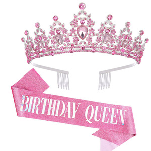Cumpleaños reina faja Rhinestone Tiara Set diadema plata para mujer cumpleaños decoración niña brillo cristal accesorios para el cabello - Product Image 1