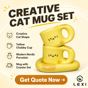 Juego de Taza de Porcelana y Posavasos con Diseño de Gato Gordito Amarillo, Estilo Nórdico con Puntos, Asa Grande, para Oficina, Escritorio, Regalo, Hogar, Desayuno, <span class=keywords><strong>LEXI</strong></span> - Product Image 2