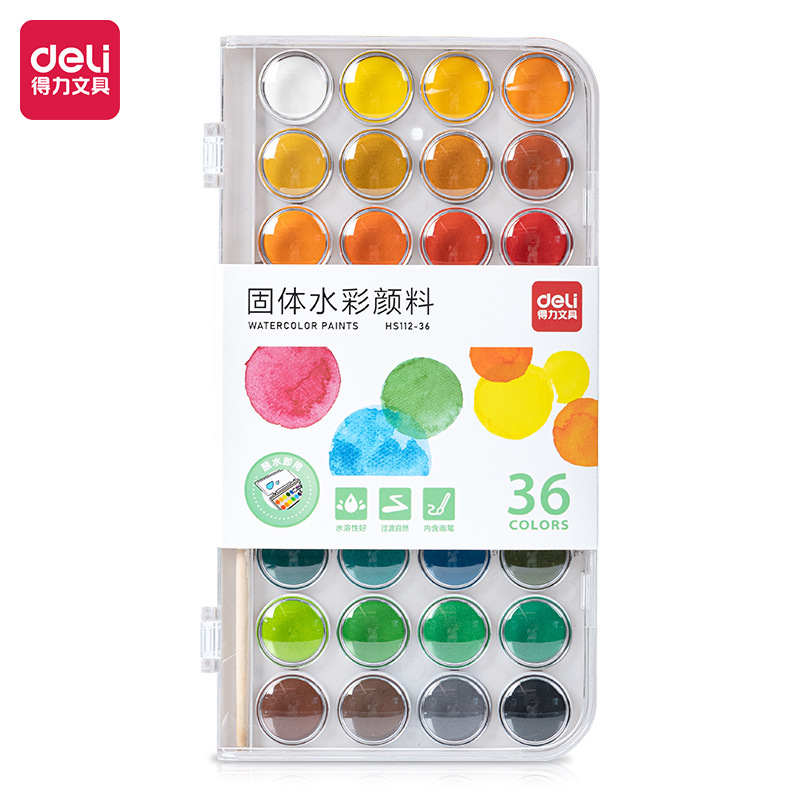 Boîte de mélange de peinture aquarelle solide Deli HS112-36 (36 couleurs)