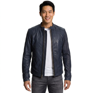 Veste en cuir pour homme, style motard, Jaqueta De Couro Masculino, marron, bleu marine, uni, Chaqueta De Cuero, veste en cuir pour homme - Product Image 1