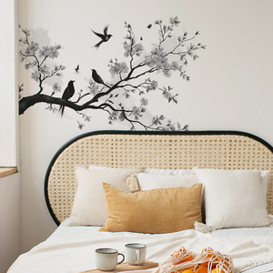 Autocollants muraux en PVC de style chinois, motif floral noir avec oiseaux, décoratifs pour chambre et salon - Product Image 4