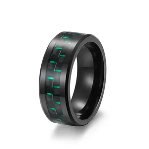 新款8毫米轻奢华黑色钨钢镶嵌红色绿色蓝色碳纤维戒指男士钨金纯黑色戒指