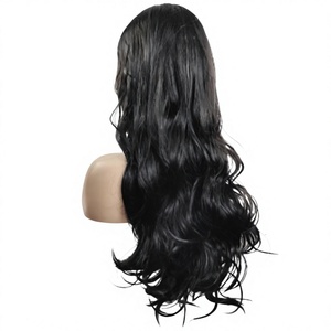 Perruque synthétique noire longue à ondulations naturelles de haute qualité, avec raie au milieu, en fibre résistante à la chaleur, aspect naturel - Product Image 1