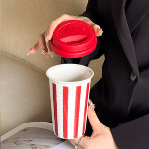 <b>Cute</b> Heart Printet Coffee Cup Striped Ceramic Travel <b>Mug</b> with Silicone Lid - Product Image 2