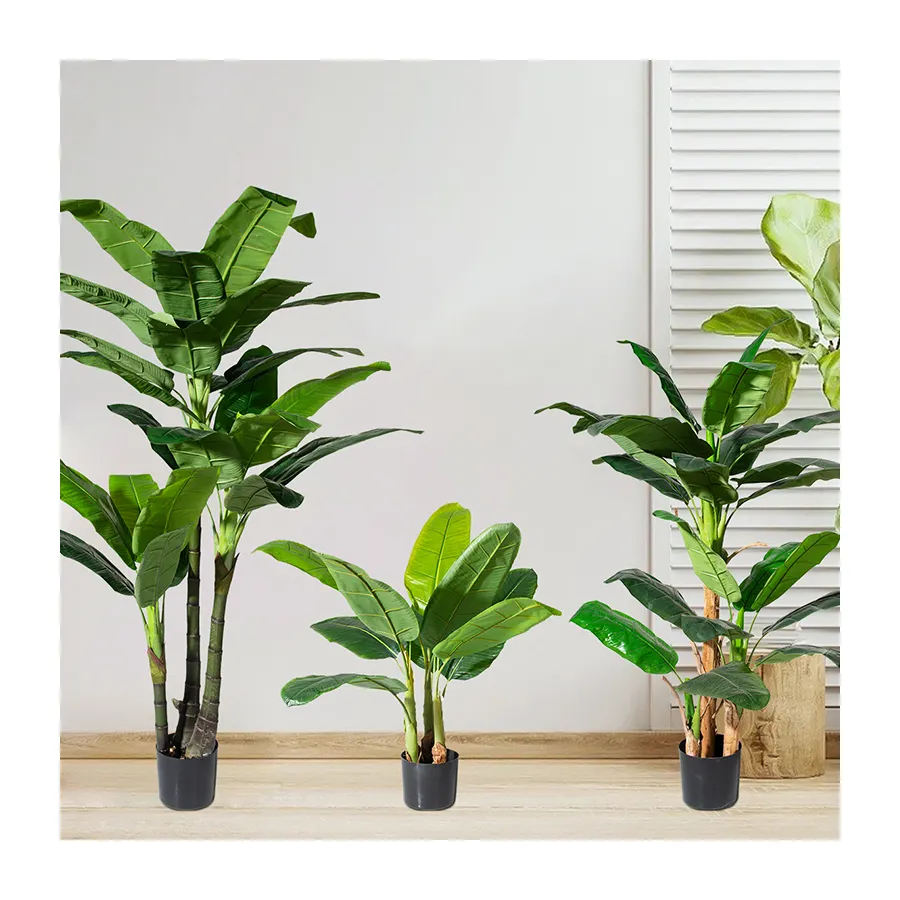 PZ-4-87/88/89 Home Decor Real Touch Large Green Leaves Potted Plant in Plastic Black Pot Realistic Artificial Banana Tree