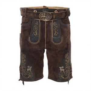 Lederhosen bavaroises pour hommes, en cuir de vache véritable, respirantes, à motif écossais, taille mi-haute, avec braguette boutonnée, pour l'Oktoberfest - Product Image 1