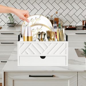 Customized Standing Type <b>Kitchen</b> Counter Rack Double Tiers Wooden Tableware <b>Storage</b> Box <b>for</b> Fork and Paper Tray - Product Image 3
