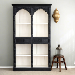 Bibliothèque rustique artisanale en bois sculpté traditionnel avec dessus cintré, 8 étagères et 2 tiroirs, unité de rangement ouverte pour salon - Product Image 1