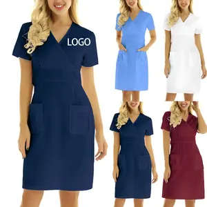 Uniformes de trabajo de enfermera con logotipo personalizado, vestido de color sólido con cuello en V, uniformes de hospital, uniformes médicos de verano para mujer para hospital