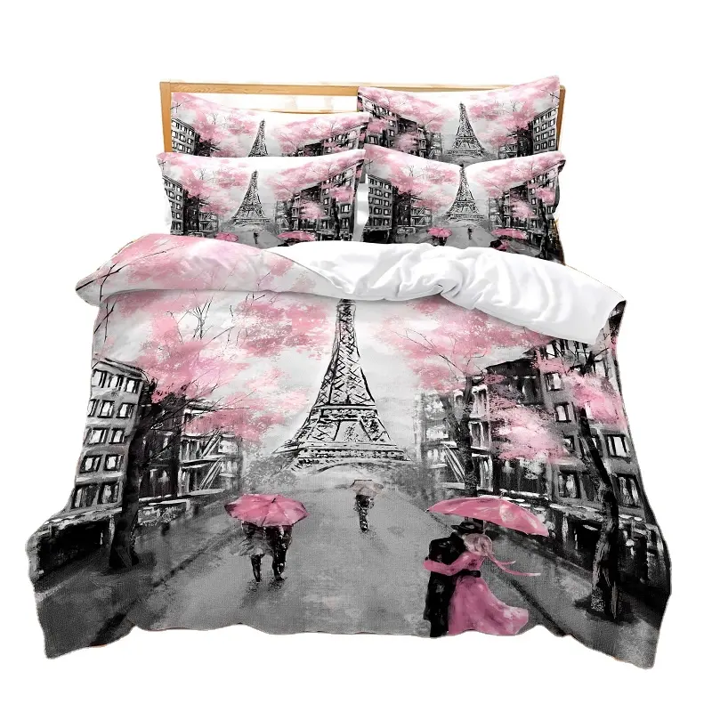 Eiffel Tower Pattern Luxury Duvet Cover Romantic Couple Flower Comforter Bedding Set Custom Multi Size Polyester Quilt Cover Set