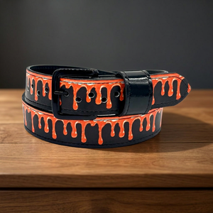 Cinturón de Béisbol de Cuero Vacuno para Halloween, Diseño Casual con Efecto de Goteo Naranja, Hebilla de Doble Punta Plateada, Diseño 3D, Duradero, 42 Pulgadas - Product Image 3