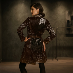 Manteau trench en cuir de vachette fait main pour femme, long, en peau de mouton véritable, imprimé peau de serpent, décontracté, ceinture en coton, grande taille, hiver - Product Image 3