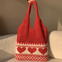 Sac fourre-tout en tricot ajouré rose en forme de cœur pour femme, sac à bandoulière ajouré, doux, lavable, pour l'été, shopping, crochet, logo personnalisé, vente en gros
