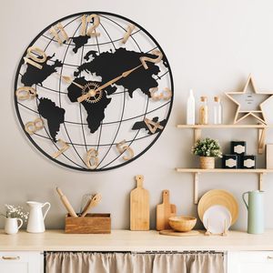 Horloge murale analogique à quartz de 60 cm avec globe terrestre et <span class=keywords><strong>carte</strong></span> du monde, style antique et motif nature morte, en fer, pour salon - Product Image 3