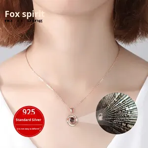 Collier en argent S925 avec chaîne en os de serpent rose, style naturel, pour femmes, pendentif de projection « Je t'aime » en 100 langues - Product Image 1