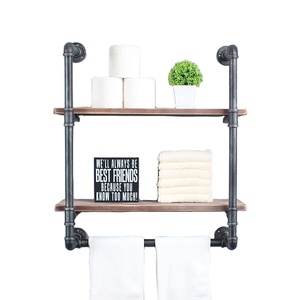 工业质朴的<span class=keywords><strong>2</strong></span>层浴室搁板管道毛巾架，用于厨房，浮动搁板，浴室搁板，卫生间搁板，带法兰 - Product Image 1