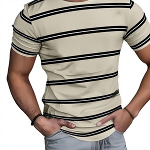 Camiseta de Punto de Manga Corta con Cuello Redondo y Rayas Beige para Hombre, Corte Regular, Ropa Casual, Poliéster/Algodón, Secado Rápido, Serigrafía - Product Image 2