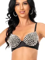 Soutien-gorge sexy pour femmes, style punk, performance de danse, argenté, doré, métallique, clouté, à bretelles, push-up, haut de clubwear