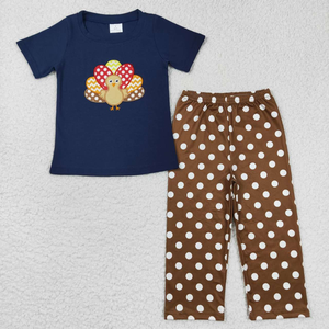 ชุดเสื้อผ้าเด็กผู้หญิงเด็กผู้ชายสำหรับวันขอบคุณพระเจ้า ลายปักรูปไก่งวง สีน้ำเงินกรมท่า กางเกงลายจุด ชุดรอมเปอร์ เสื้อผ้าเข้าชุดสำหรับพี่น้อง - Product Image 5
