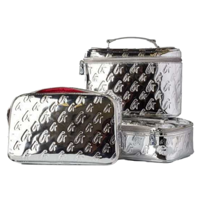 Sac à cosmétiques tendance en cuir PU métallisé avec fermeture éclair, poignée souple, logo en relief, résistant à l'eau, écologique, grande capacité - Product Image 1