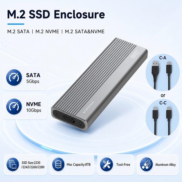 Aluminum M2 Case 2280 2260 2242 2230 Dual Protocol M.2 NVME PCIE NGFF SATA SSD Enclosure Adapter Type C USB C 3.1 Gen 2 10Gbps