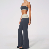 Set Olahraga Legging Lipat YIYI untuk Wanita, Bra Anti Selip Model Bungkus 2 in 1, Tank Top Kerah Kotak, Set Pakaian Aktif Wanita