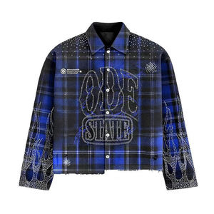 कस्टम पुरुषों के ढीले फिट फ्लैनेल शर्ट शर्ट लंबी आस्तीन ग्लिटर मोइल गैंडा कढ़ाई बटन प्लेड प्रिंटिंग - Product Image 6