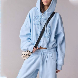 Conjunto de Sudadera Personalizada Azul Claro 100% Algodón Cuello Redondo Sudadera Holgada Estilo Urbano Sudadera con Capucha en Venta - Product Image 3