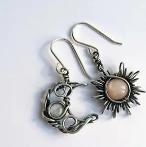 Bohemian Winding Style Ancient Vintage Opal Moonstone Sun Moon Earrings