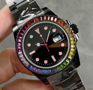 2025 Montre mécanique de luxe haut de gamme pour hommes avec cadran noir, lunette en diamant arc-en-ciel et calendrier - Product Image 2