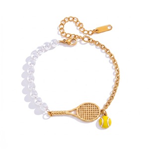 Bracciale con Charm a Forma di Racchetta da Tennis in Acciaio Inox, Placcato Oro con Stella e Perla, Gioielli Sportivi Impilabili per Donne - Product Image 6