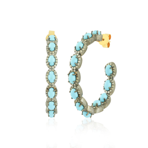 Art Deco Oval Turquoise Cabochon Hoop <b>Earrings</b> with Delicate Halo Diamonds Oxidized Finish Secure Post <b>Backs</b> - Product Image 1