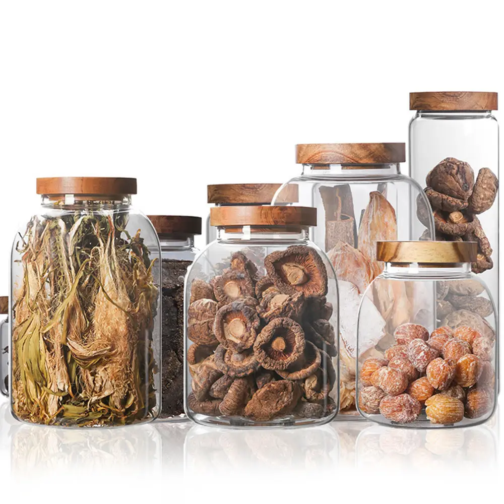 Wholesale High capacity Borosilicate Glass Clear Food Storage Jars with Wood Lids for Pantry Glass Canisters Sets