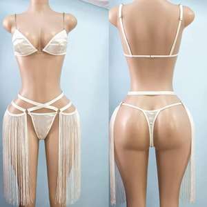 白色性感链带内衣套装缎面微型比基尼长流苏女性性感服装<span class=keywords><strong>2</strong></span>件套睡衣内衣 - Product Image 1
