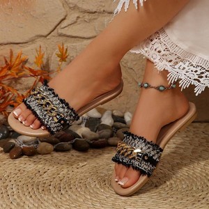 Sandali piatti da donna eleganti con tomaia in tessuto, decorazioni in cristallo, punta aperta, slip-on, comodi, per primavera/estate, casual, per tutti i giorni, di tendenza. - Product Image 4