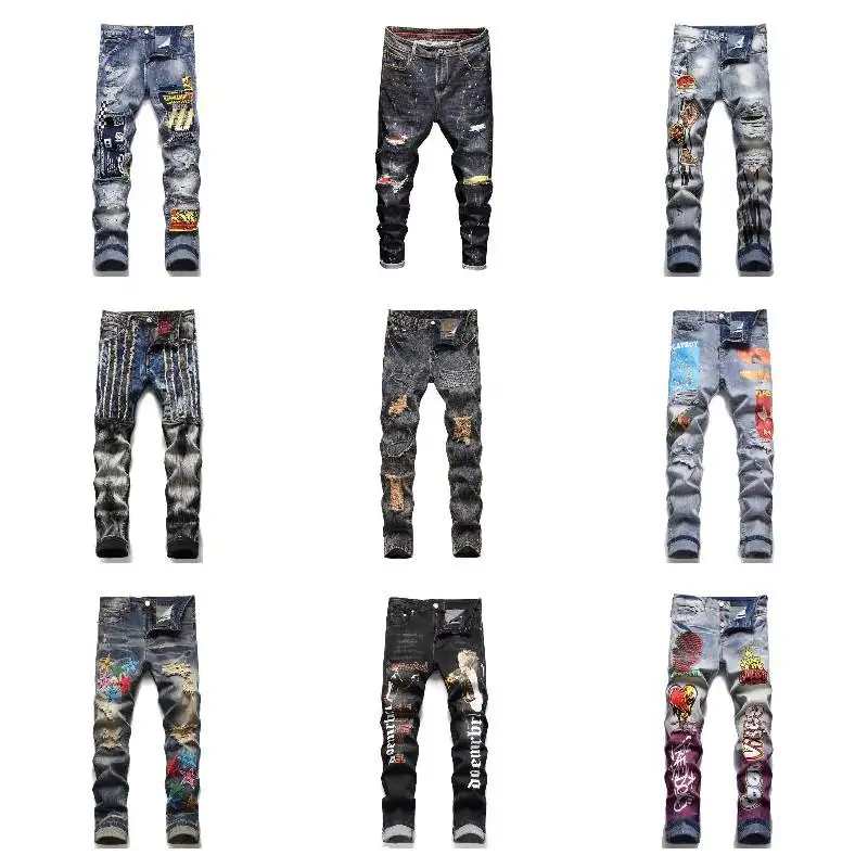 Nieuwe Italiaanse Stijl Heren Distressed Vernietigde Badge Broek Art Patches Skinny Biker White Jeans Slanke Broek Heren Denim Jeans