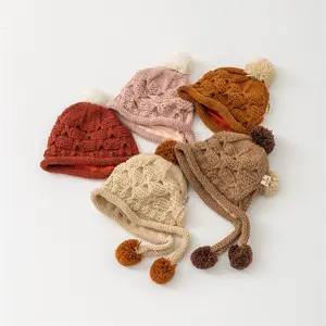 Korean cute woolen hat women's autumn and winter hat ear protection warm hair ball handmade knitted hat for children