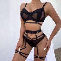 Ensemble de lingerie harnais pour femme, soutien-gorge à armatures en maille patchwork sensuel avec porte-jarretelles et anneaux de jambe, tenue exotique 4 pièces