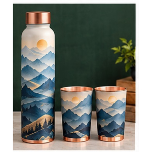 Mediterranean Copper <b>Metal</b> Travel <b>Water</b> <b>Bottle</b> and Cups Set Blue Floral Oriental Design Portable Drinkware - Product Image 2