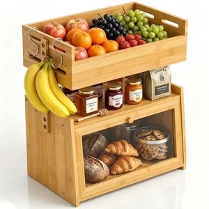 Boîte à pain en bois Early Morning à 2 niveaux, étagère de rangement en bambou avec panier à fruits et porte en verre pour la cuisine ou le bureau - Product Image 1