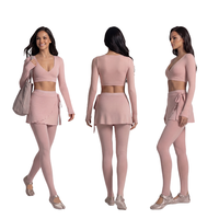 Ensemble de yoga 3 pièces respirant et uni pour femme, style ballet, manches longues, taille haute, col en V, pour le fitness et le yoga