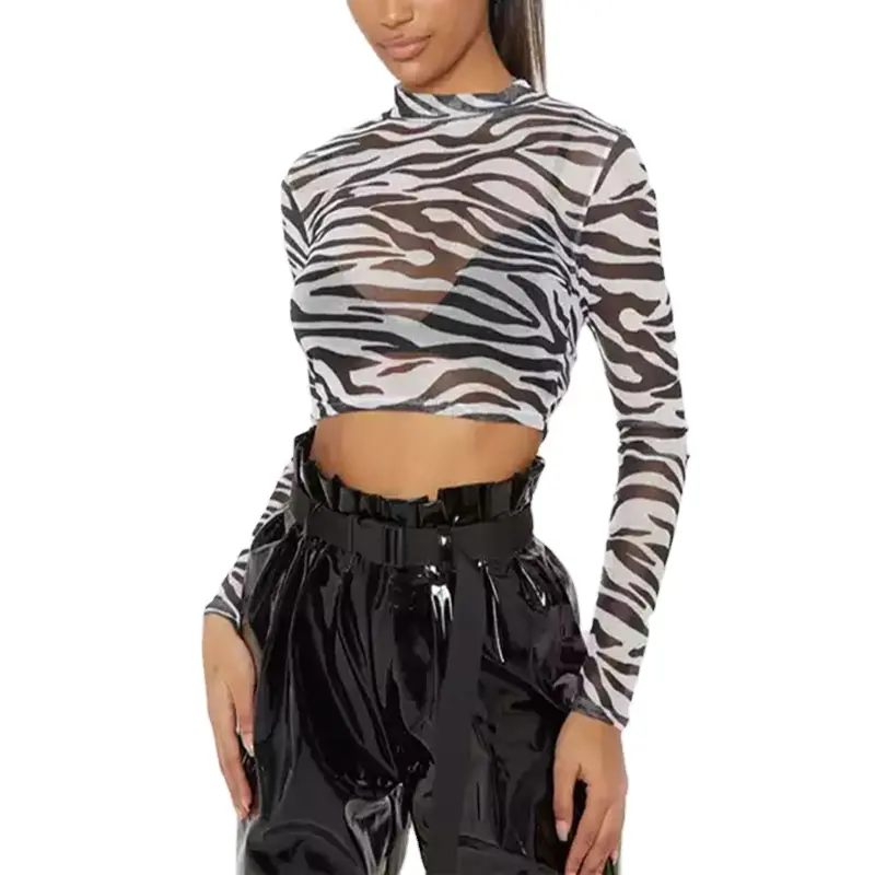 Wholesale High Quality Women's Long Sleeve Mesh Printed Custom Breathable Crop Top Fashion Stylish