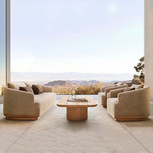 Ensemble de mobilier d'extérieur moderne en bois de teck, comprenant un canapé chaise longue de jardin, une table basse et un mobilier en osier, idéal pour ferme, appartement, villa, patio - Product Image 1